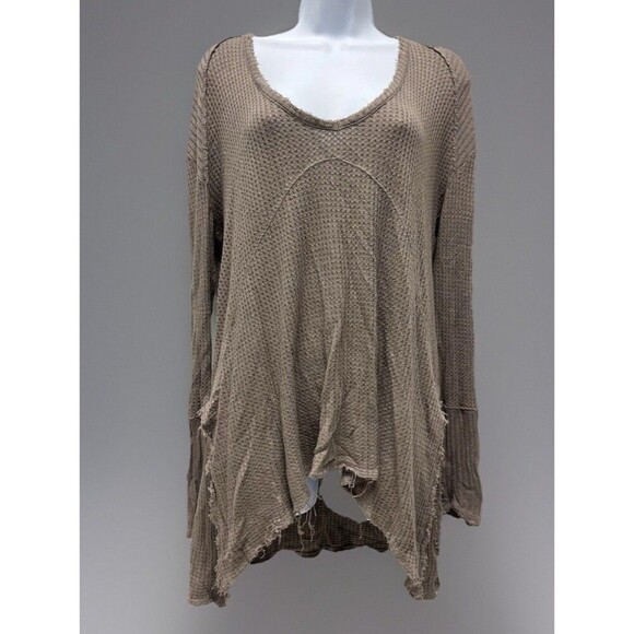 Free People Sunset Park Drippy Thermal Waffle Knit Top Long Sleeve Beige Tunic S - Picture 2 of 7